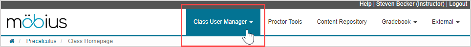 The Class User Manager menu is the first menu on the Class Homepage main navigation bar.